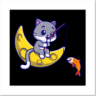 Cute Cat Fishing On Moon Cartoon Posters and Art